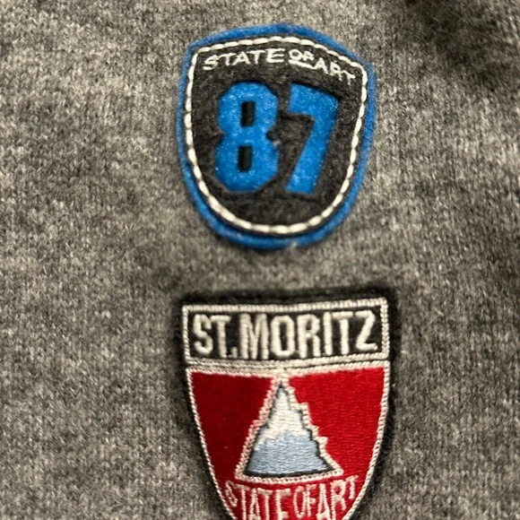 State of Art Men’s Pure Wool Sweater Size M Gray Blue Trim St. Moritz Patch - Picture 6 of 11